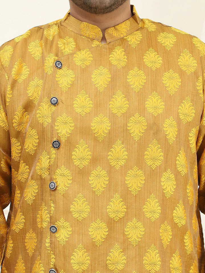 SOJANYA PLUS Lelaki Plus Size Beige & Mustard Yellow Design Tenunan Angrakha Straight Kurta
