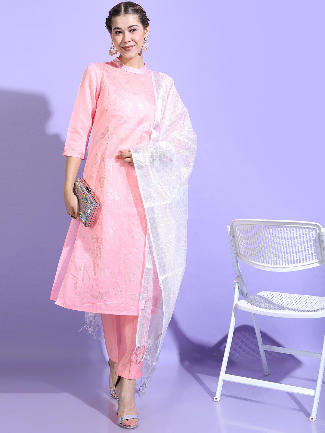 Vishudh Women Pink Chanderi Cotton Kurta with Trousers & Dupatta