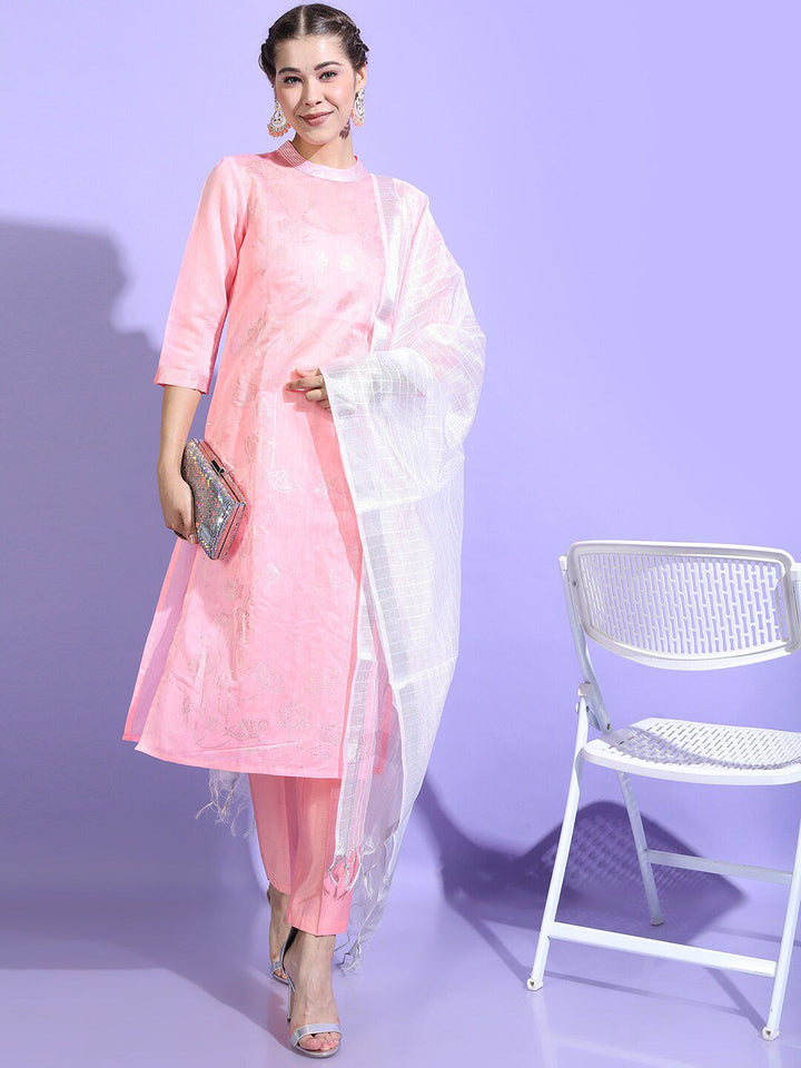Vishudh Women Pink Chanderi Cotton Kurta with Trousers & Dupatta