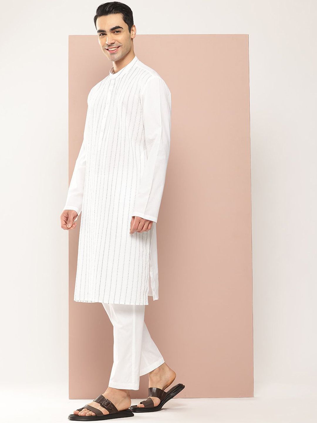 See Designs Mandarin Collar Striped Embroidered Kantha Work Pure Cotton Straight Kurta