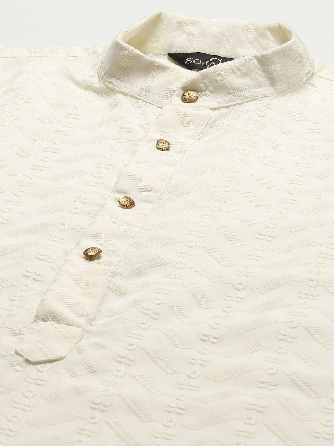 SOJANYA Men Cream-Coloured Chikankari Pure Cotton Kurta with Churidar & Nehru Jacket