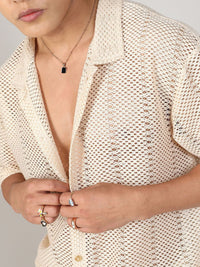 Campus Sutra White Short Sleeves Pure Cotton Crochet Shirt & Short