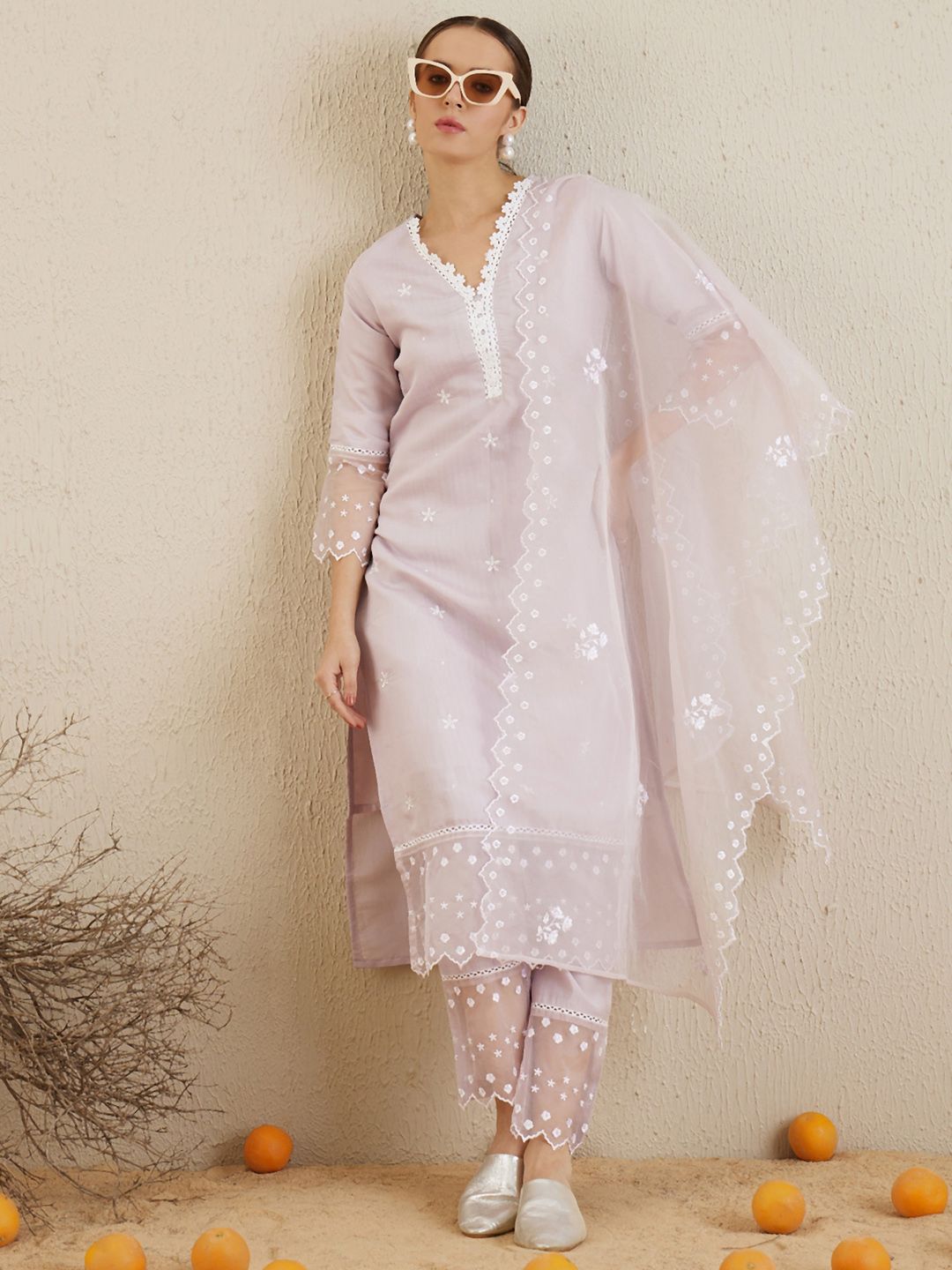 Indo Era Floral Embroidered V-Neck Thread Work Kurta with Trousers & With Dupatta