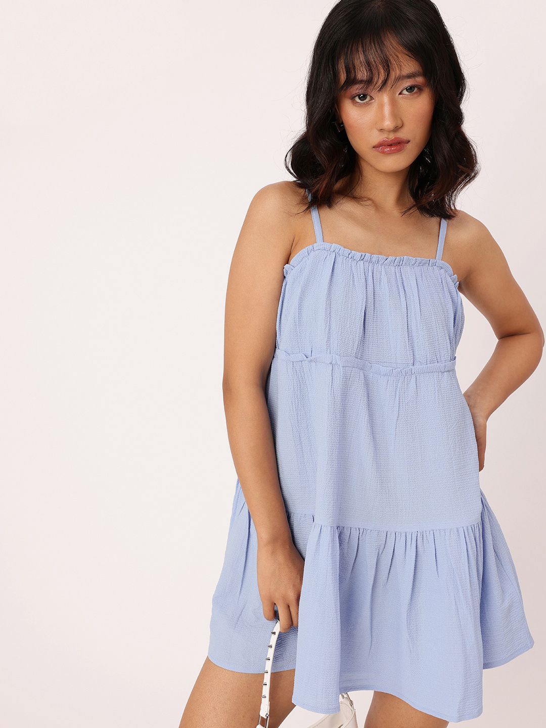 DressBerry Seersucker Shoulder Straps Tiered A-Line Mini Dress