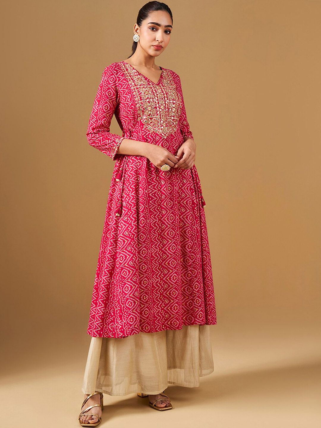 Global Desi Ethnic Motifs Printed Round Neck Mirror Work Anarkali Kurta