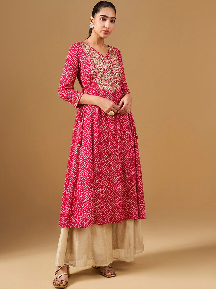Global Desi Ethnic Motifs Printed Round Neck Mirror Work Anarkali Kurta