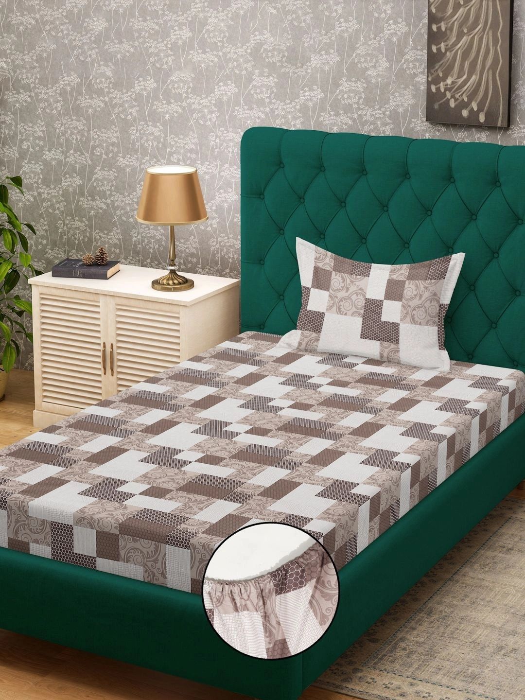 Myntra Elegant Homes Brown Geometric 400 TC Single Bedsheet with 1 Pillow Covers