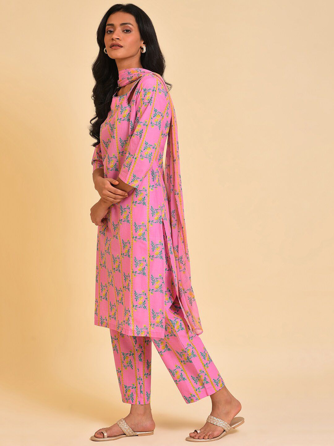 W Pink & Green & Yellow Floral Printed Pure Cotton Kurta With Trousers & Dupatta