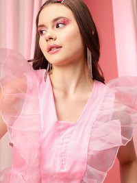 STREET 9 Tie-Up Detailed Square Neck Flutter Sleeves A-Line  Dress