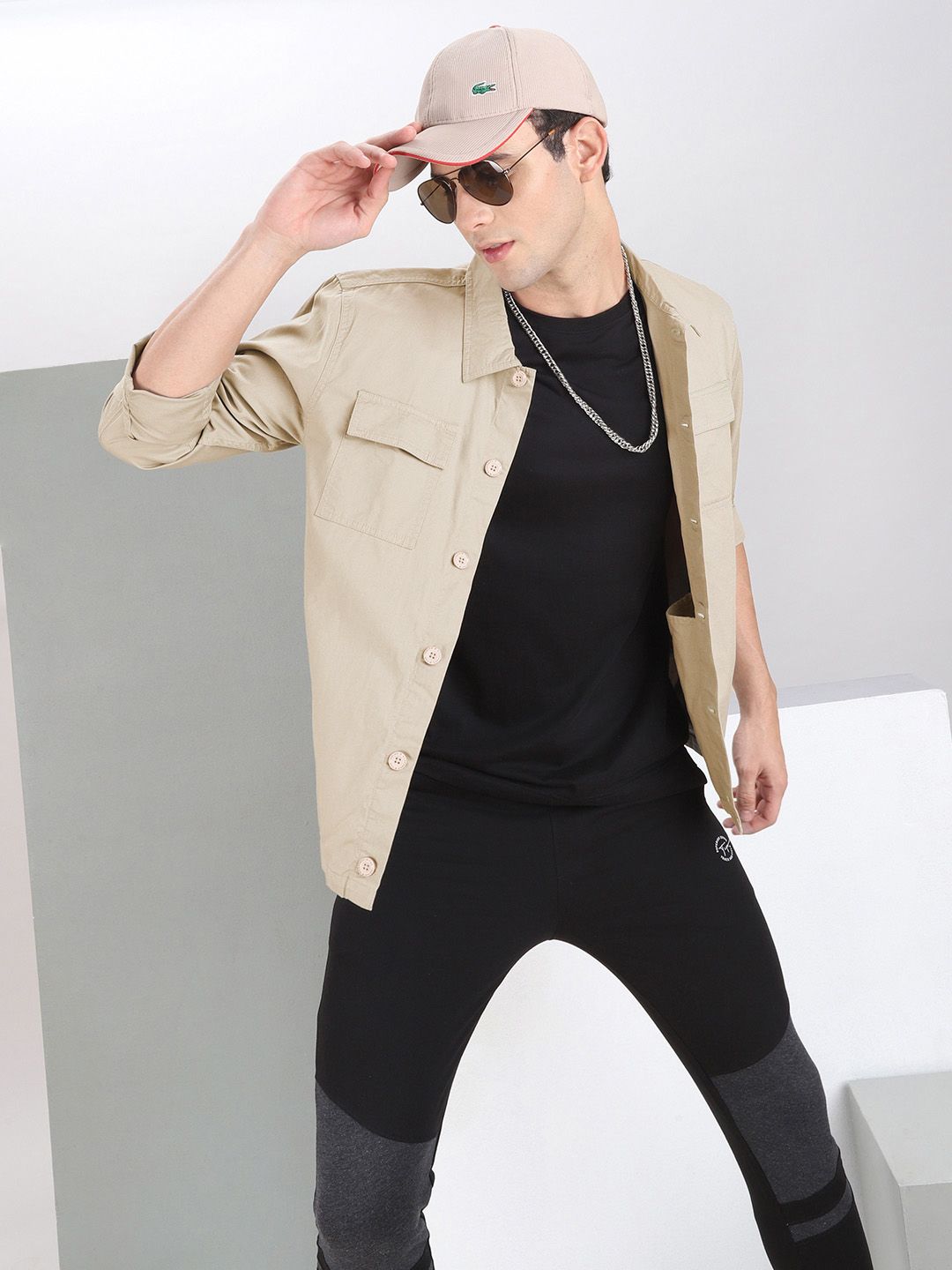 The Indian Garage Co Men Utililty Regular Fit Solid Shirt with Double flap Pocket