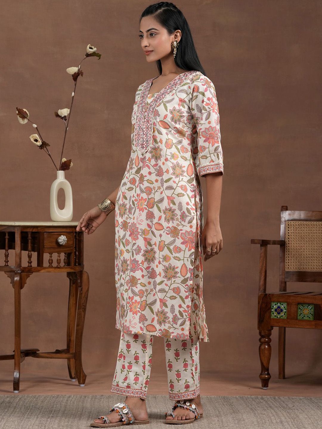 Libas Women Ethnic Motifs Printed Regular Mirror Work Pure Cotton Kurta with Palazzos