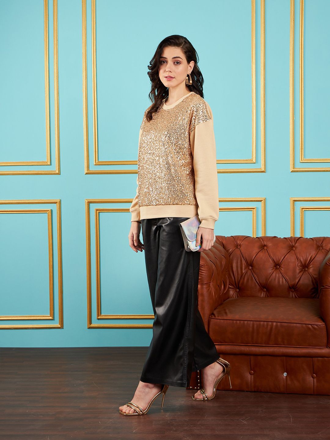 SASSAFRAS Self Design Sequined Oversized Sweatshirt