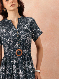 all about you Floral Print Flutter Sleeves A-Line Midi Dress with Belt