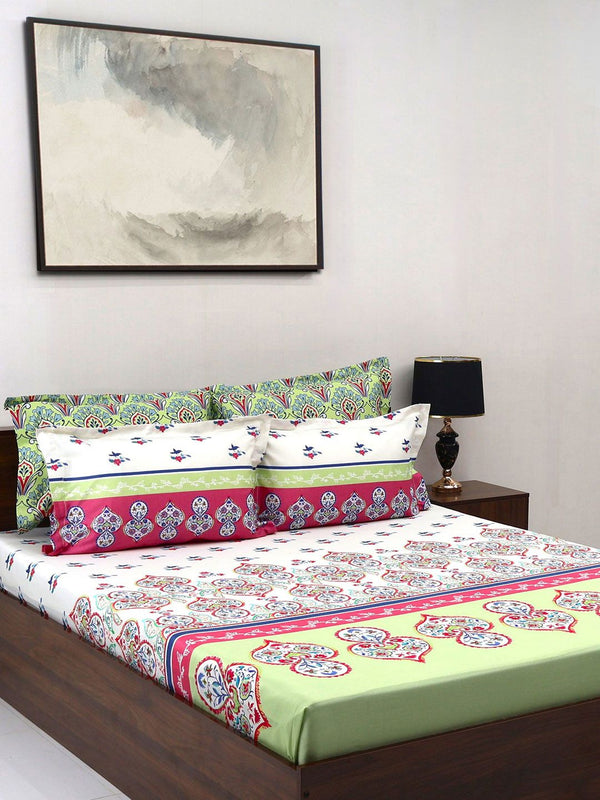 BOMBAY DYEING Pink & White Ethnic Motifs Cotton 300 TC King Bedsheet & 4 Pillow Cover