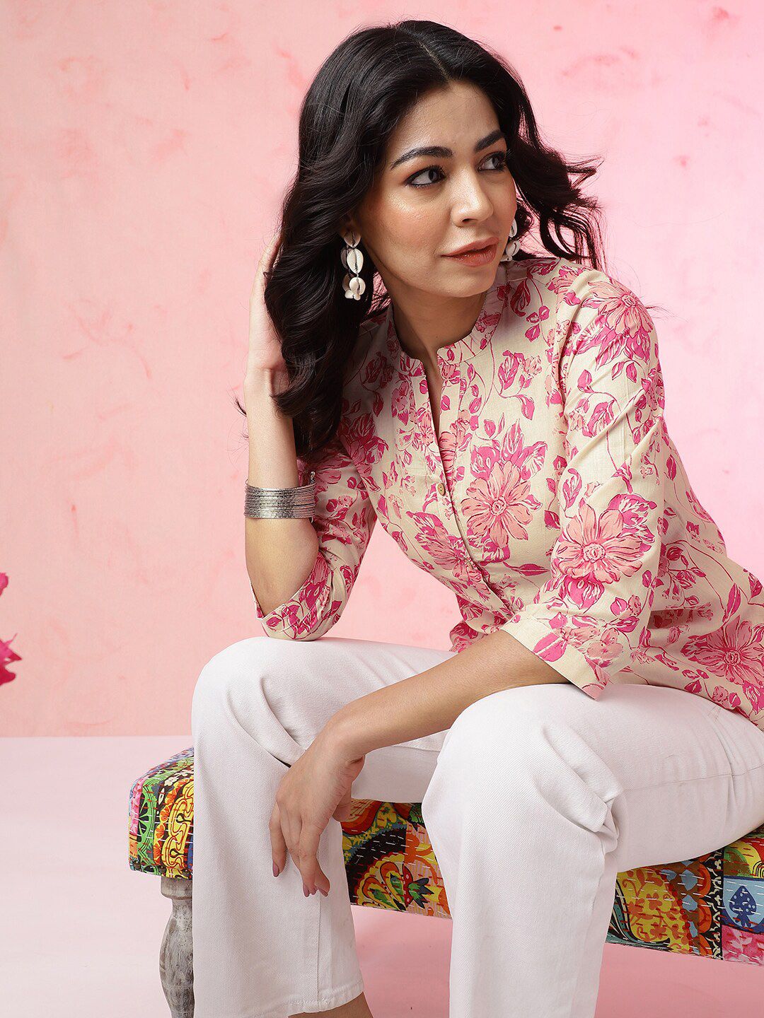 Anouk Off White Floral Printed Mandarin Collar Pure Cotton Top
