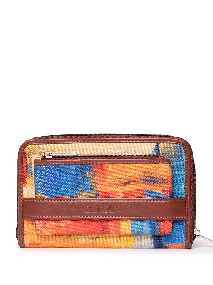 ZOUK Women Brown & Yellow Printed Zip Around Vegan Leather Wallet