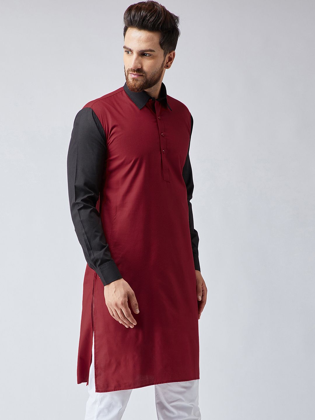SOJANYA Men Maroon & Black Colourblocked Pathani Kurta