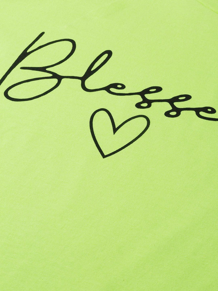 SASSAFRAS Women Fluorescent Green Blessed Print Round Neck T-shirt