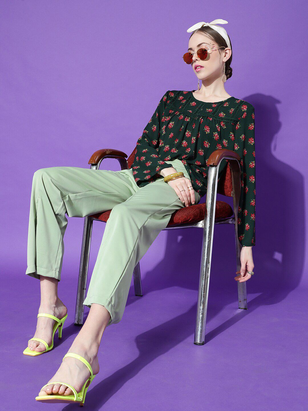 STREET 9 Women Green Floral Print Crepe Top