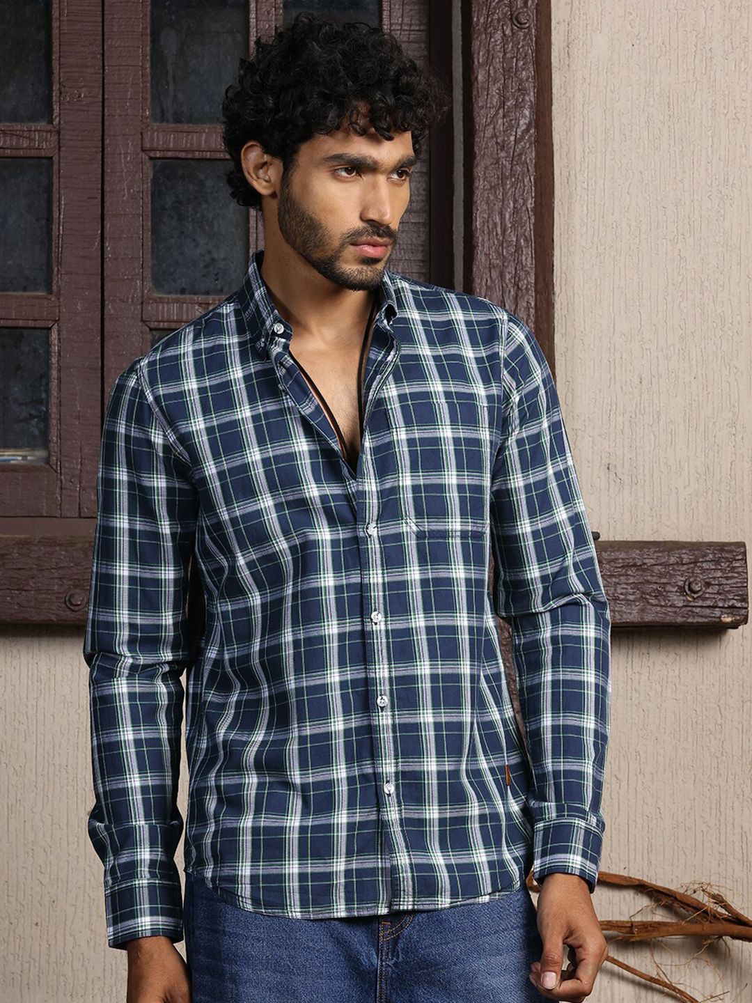 Thomas Scott Standard Slim Fit Tartan Checks Pure Cotton Casual Shirt