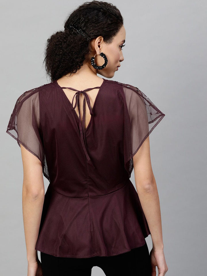 STREET 9 Burgundy Embellished Net Peplum Top