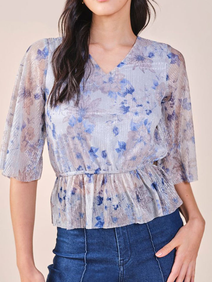 AND polyester floral print v- neck flared sleeves peplum top