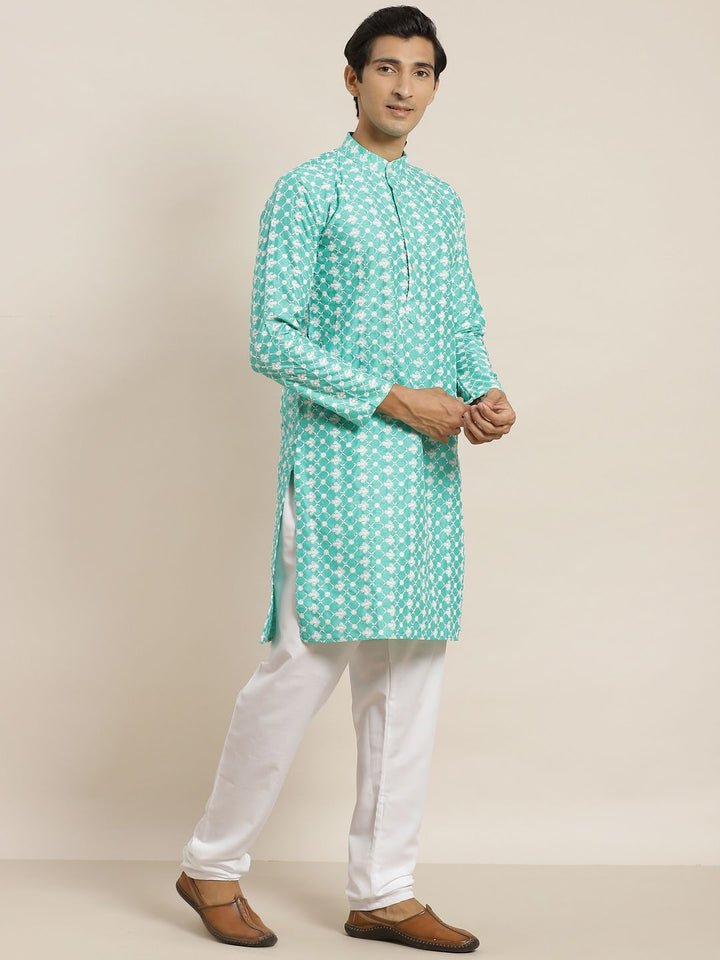 SOJANYA Lelaki Turquoise Biru & Putih Motif Etnik Bersulam Kurta dengan Churidar & Jaket
