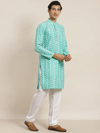 SOJANYA Lelaki Turquoise Biru & Putih Motif Etnik Bersulam Kurta dengan Churidar & Jaket