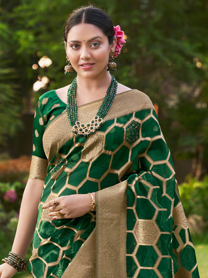 Saree mall Green & Gold Embellished  Zari Organza Banarasi Sarees