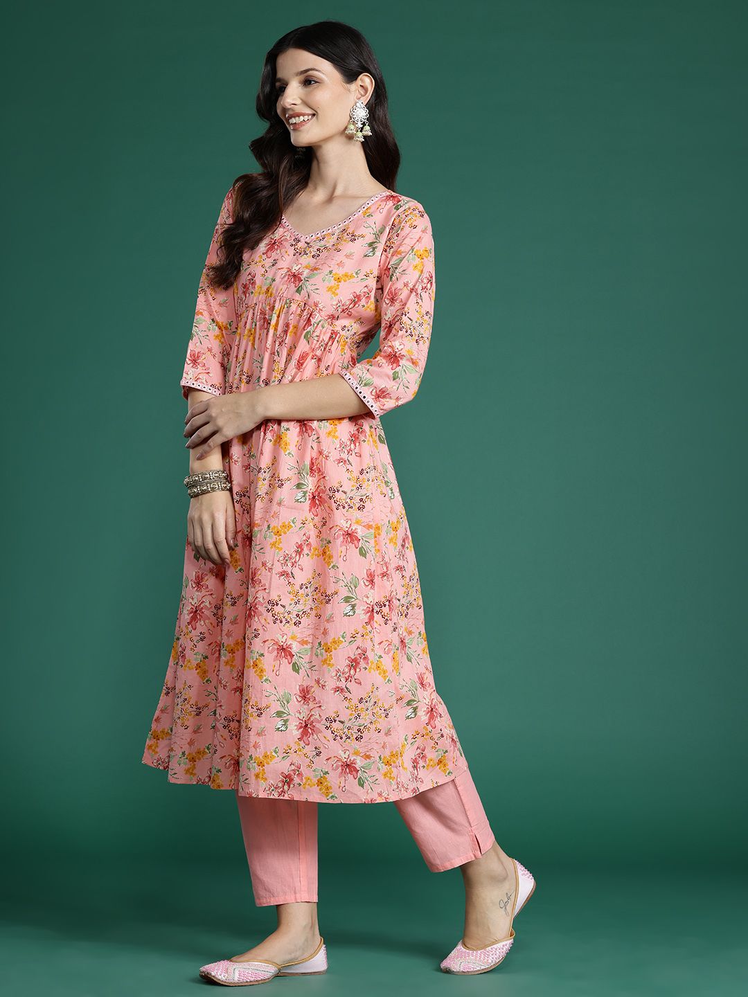 Indo Era Floral Printed Empire Mirror Work Pure Cotton Kurta With Trousers & Dupatta