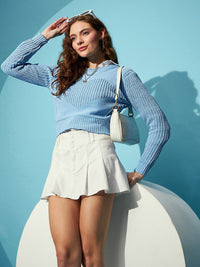 STREET 9 Blue Ribbed Acrylic Crop Pullover Sweater