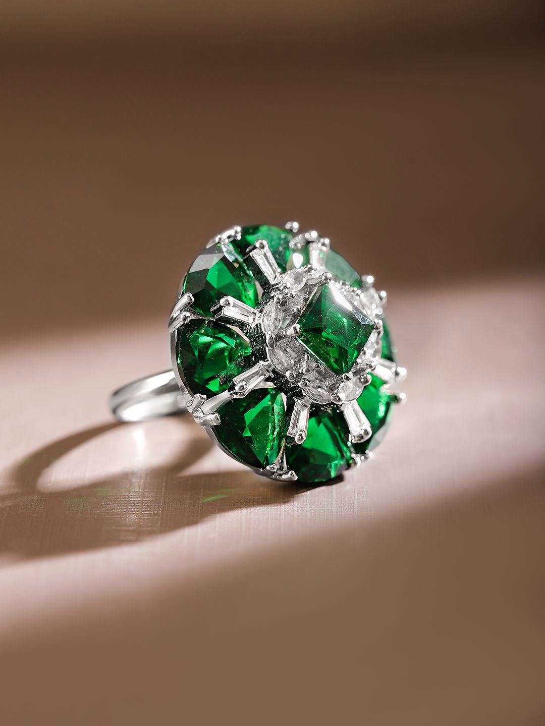 Rubans Rhodium Plated Emerald Green & White CubicZirconia Studded Adjustable Cocktail Ring