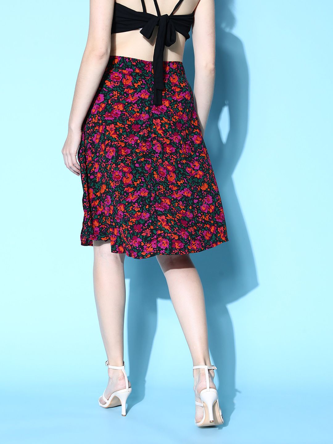 Berrylush Black Floral Peekaboo Slit Skirt