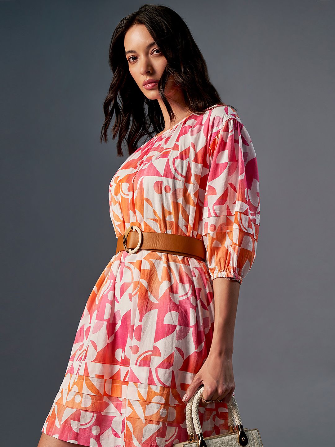 AND Round Neck Abstract Print Puff Sleeve Fit & Flare Midi Dress