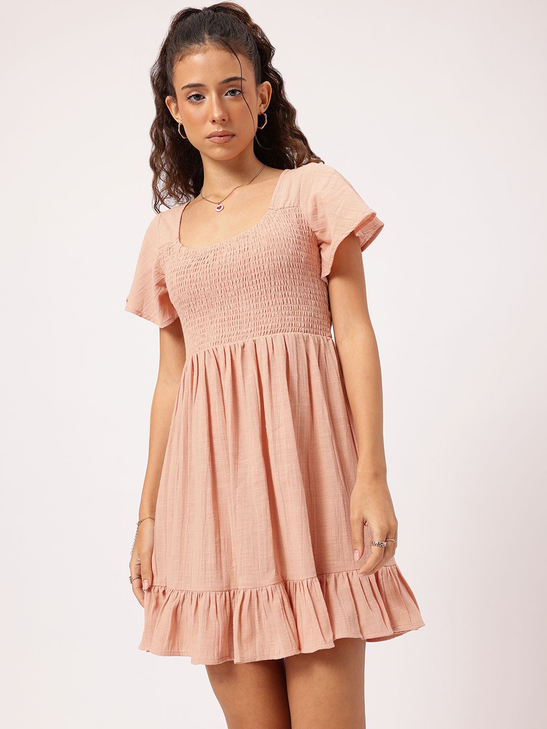 DressBerry Sweet Elegance Cut-Out Smocked Flutter Sleeve Mini Dress