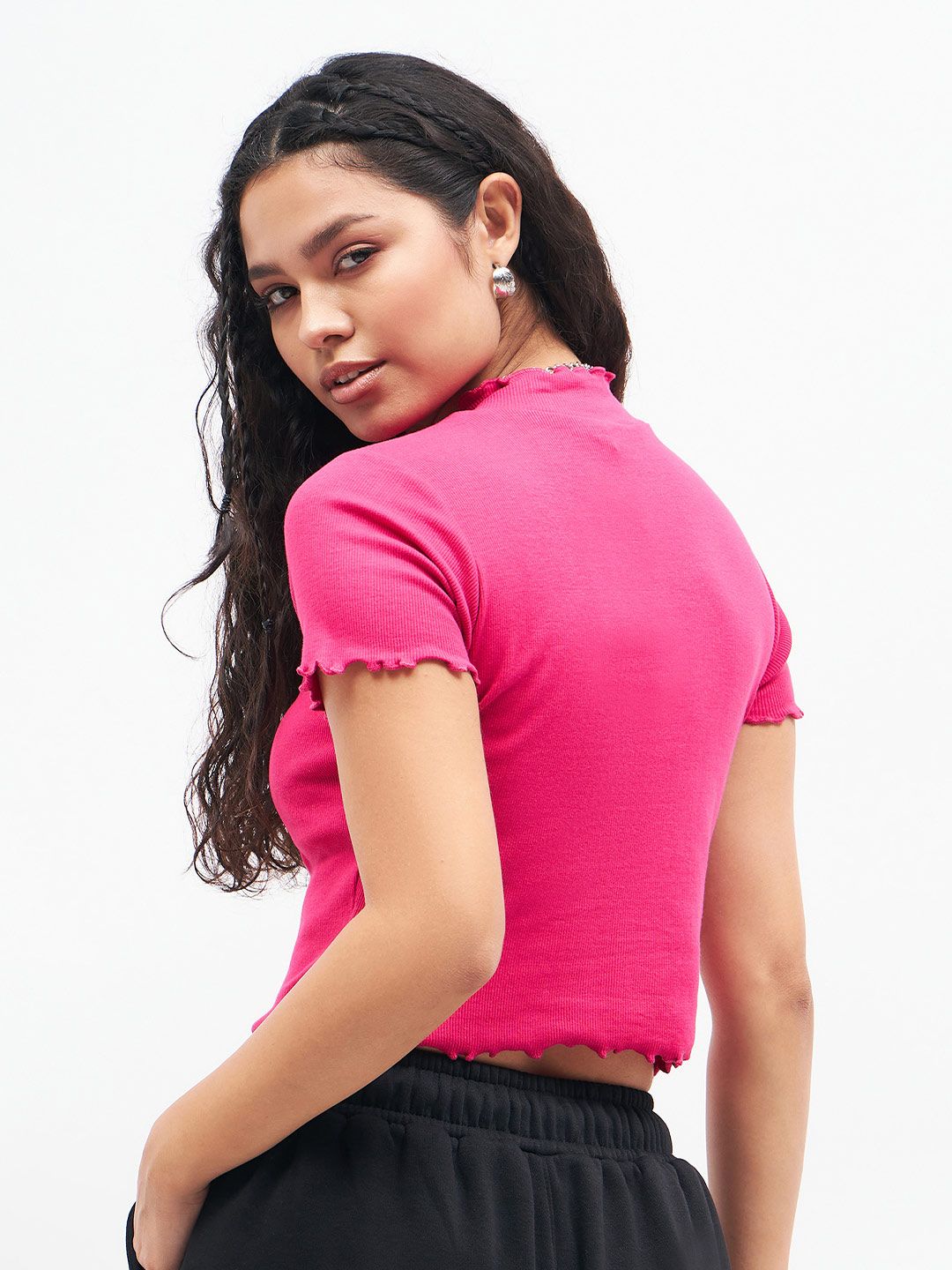 Sassafras Fuchsia Pink Ribbed High Neck Fitted Crop Top