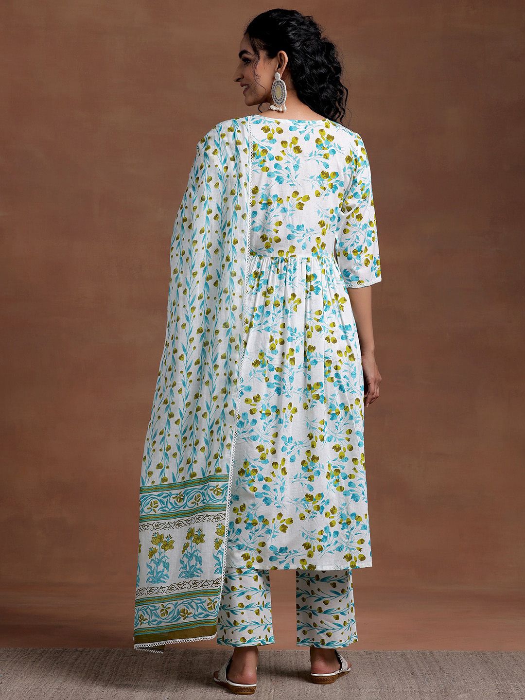 Libas V Neck Floral Printed Pleated Pure Cotton A Line Kurta with Palazzo & Dupatta