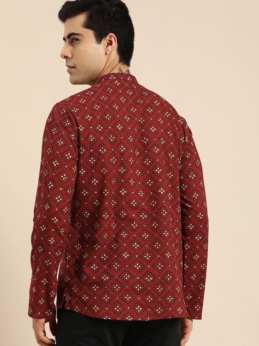 Anouk Men Red & Cream-Coloured Ethnic Motifs Printed Pure Cotton Short Kurta