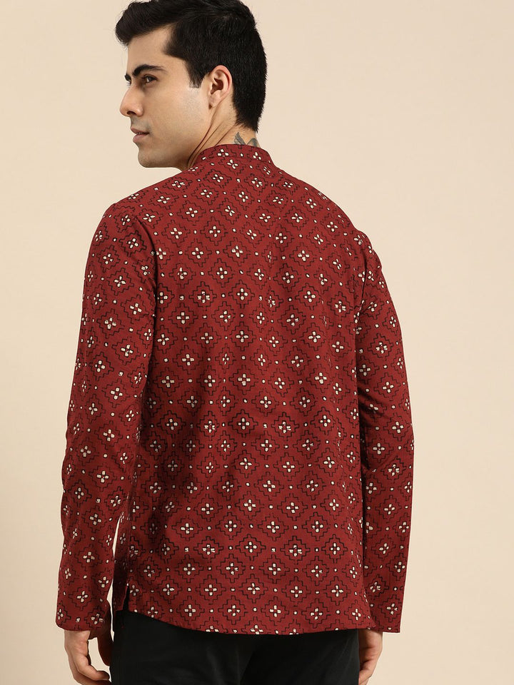 Anouk Men Red & Cream-Coloured Ethnic Motifs Printed Pure Cotton Short Kurta