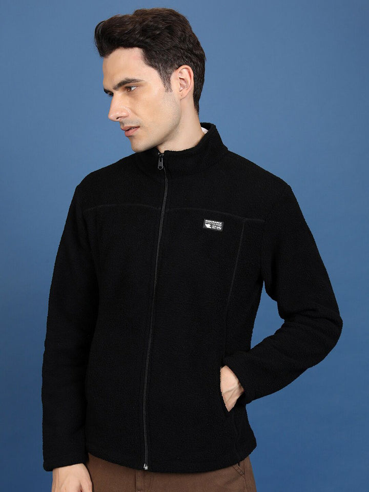 HIGHLANDER Black High Neck Long Sleeves Front-Open Sweatshirt