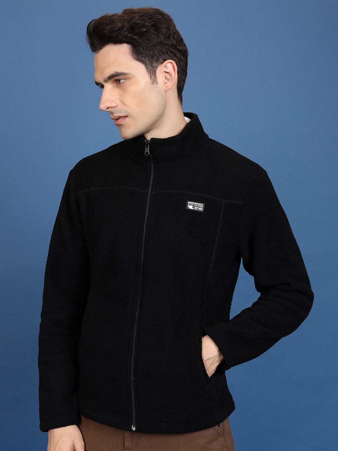 HIGHLANDER Black High Neck Long Sleeves Front-Open Sweatshirt