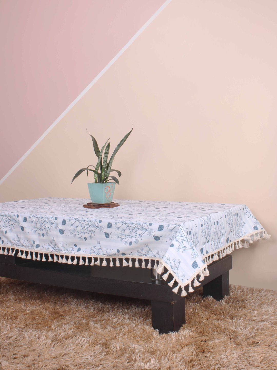 STITCHNEST Blue & White Printed Cotton Table Cover