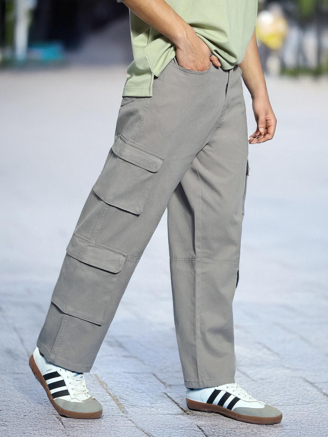 Urbano Fashion Men Grey Loose Baggy Fit Cargo Chino Pant with 8 Pockets Stretchable