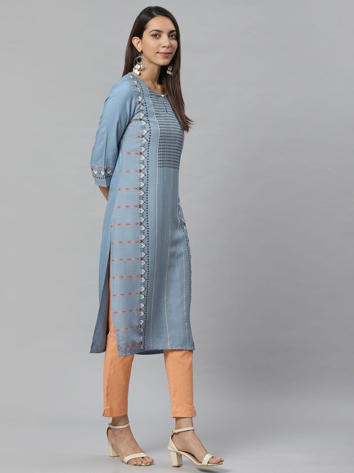W Women Blue & Black Printed Straight Kurta