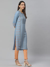 W Women Blue & Black Printed Straight Kurta