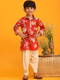 VASTRAMAY Boys Floral Printed Shirt Collar Kurta With Pyjamas