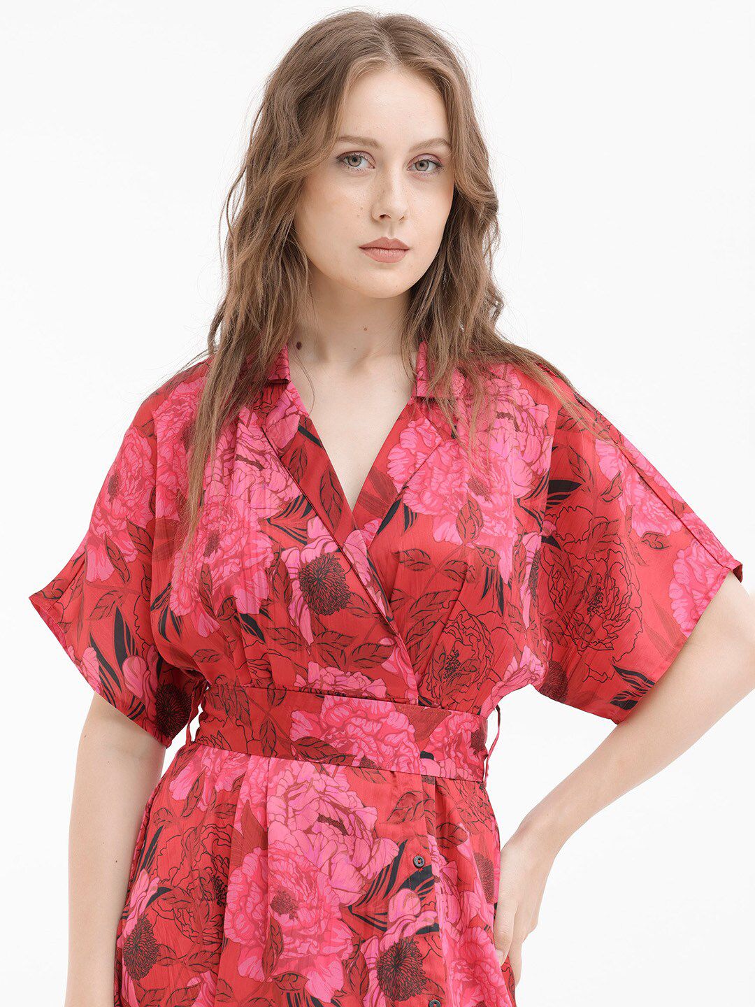 RAREISM Floral Print V-Neck Fit & Flare Midi Dress