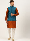 SOJANYA Lelaki Biru Teal & Rust Orange Jacquard Motif Etnik Kurta Lurus dengan Churidar