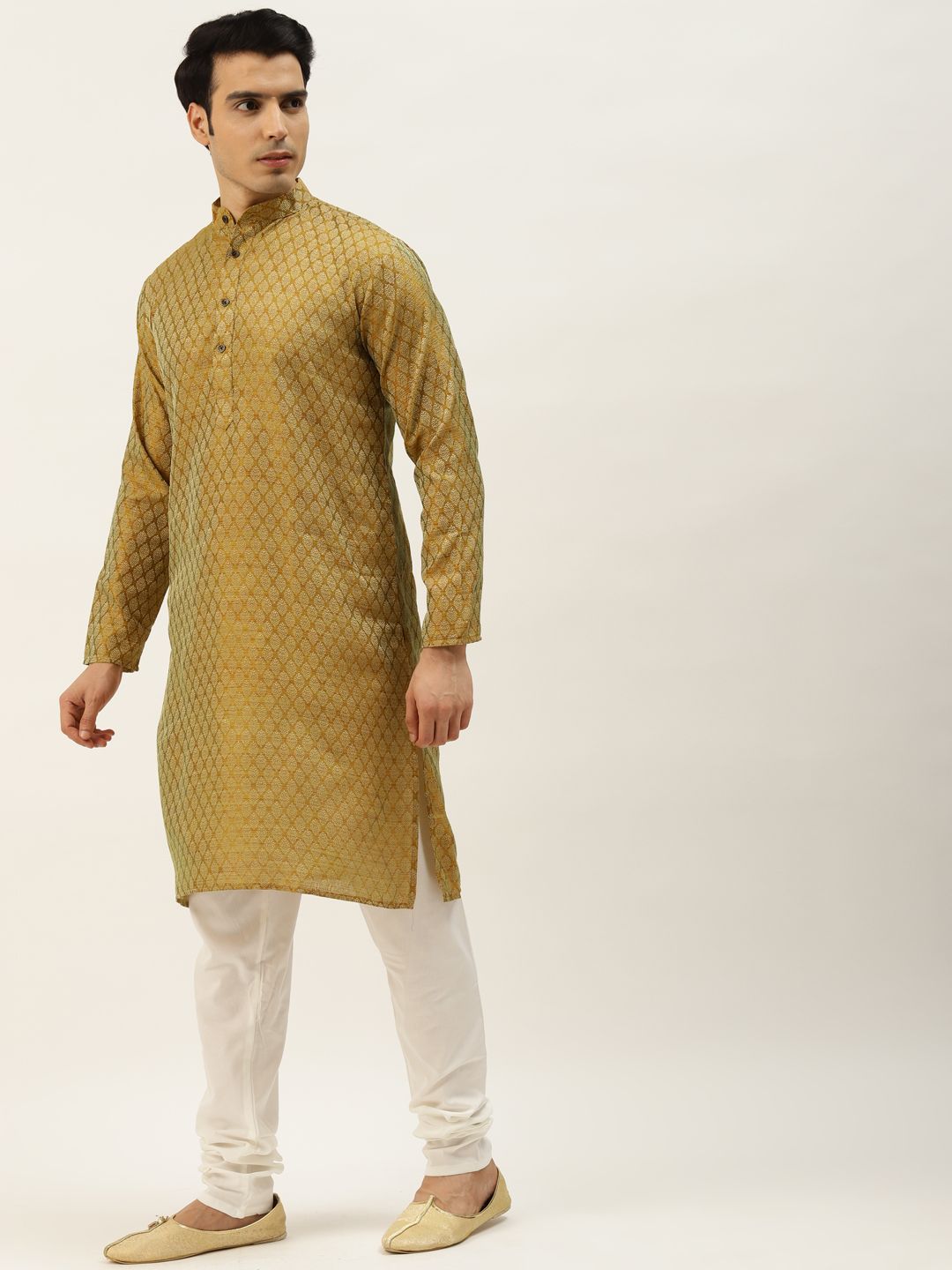 SOJANYA Men Mustard Brown & Teal Green Jacquard Ethnic Motifs Straight Kurta with Churidar