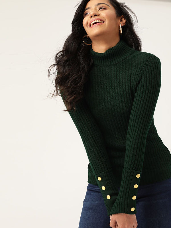 DressBerry Women Green Ribbed Pullover